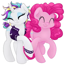 Size: 2000x2000 | Tagged: safe, artist:orcakisses, derpibooru import, pinkie pie, rarity, pony, it isn't the mane thing about you, alternate hairstyle, cute, eyes closed, female, lesbian, mare, poofy pie, punk, raripie, raripunk, shipping, smiling