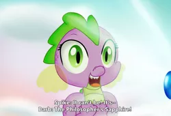 Size: 1785x1214 | Tagged: 2017, artist:chiptunebrony, barb, derpibooru import, dragon, fake screencap, floating, my little pony: the movie, philosopher's stone, rule 63, safe, sapphire, smiling, spike, style emulation, subtitles, water sapphire