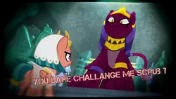 Size: 1280x720 | Tagged: artist:legionhooves, artist:legionhooves122, caption, challenger approaching, daring done?, derpibooru import, fight me, image macro, meme, misspelling, safe, somnambula, somnambula (location), sphinx, sphinx (character), stare down, text, triggered
