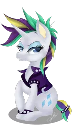 Size: 720x1084 | Tagged: safe, artist:sweetkllrvane, derpibooru import, rarity, pony, unicorn, it isn't the mane thing about you, alternate hairstyle, clothes, female, jacket, looking at you, mare, punk, raised hoof, raripunk, short hair, signature, smiling, solo