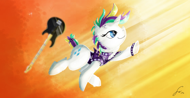 Size: 1980x1020 | Tagged: safe, artist:shogundun, derpibooru import, rarity, pony, unicorn, it isn't the mane thing about you, alternate hairstyle, clothes, electric guitar, female, guitar, mare, musical instrument, punk, raripunk, short hair, smiling, solo