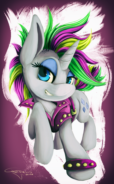 Size: 1263x2033 | Tagged: safe, artist:ferasor, derpibooru import, rarity, pony, unicorn, it isn't the mane thing about you, alternate hairstyle, clothes, female, looking at you, mare, punk, raripunk, short hair, smiling, solo