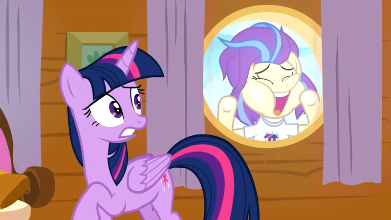 Size: 1920x1080 | Tagged: safe, derpibooru import, screencap, sunny side, twilight sparkle, twilight sparkle (alicorn), alicorn, pony, once upon a zeppelin, against glass, glass, window