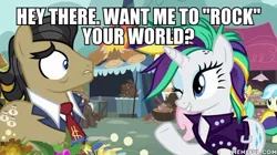 Size: 600x337 | Tagged: safe, derpibooru import, edit, edited screencap, screencap, filthy rich, rarity, earth pony, pony, unicorn, it isn't the mane thing about you, alternate hairstyle, caption, clothes, female, image macro, implied infidelity, jacket, leather jacket, male, mare, meme, mohawk, necktie, one eye closed, punk, raripunk, stallion, text, wink