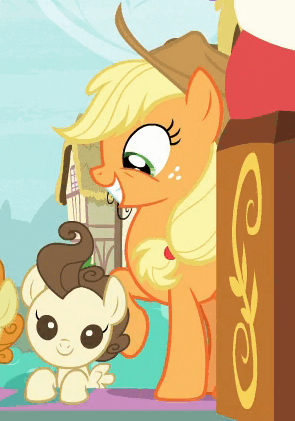 Size: 295x421 | Tagged: safe, derpibooru import, screencap, applejack, pound cake, earth pony, pegasus, pony, it isn't the mane thing about you, animated, colt, curly hair, cute, female, foal, funny background event, gif, grin, image, jackabetes, loop, male, mare, poundabetes, silly, silly pony, smiling, who's a silly pony