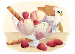 Size: 2480x1771 | Tagged: safe, artist:gocholudek, derpibooru import, oc, oc:der, unofficial characters only, gryphon, food, ice cream, male, micro, pirouette, raspberry (food), solo