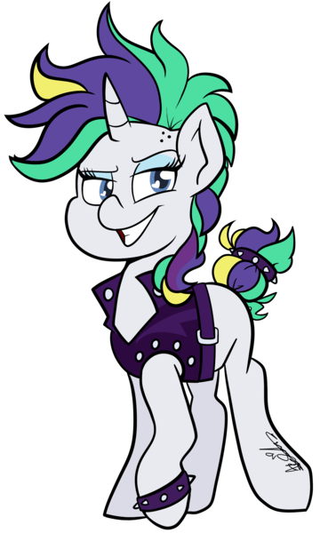 Size: 2665x4439 | Tagged: safe, artist:befishproductions, derpibooru import, rarity, unicorn, it isn't the mane thing about you, alternate hairstyle, clothes, female, mare, punk, raripunk, signature, simple background, smiling, solo, transparent background