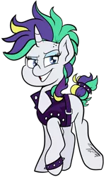 Size: 2665x4439 | Tagged: safe, artist:befishproductions, derpibooru import, rarity, unicorn, it isn't the mane thing about you, alternate hairstyle, clothes, female, mare, punk, raripunk, signature, simple background, smiling, solo, transparent background