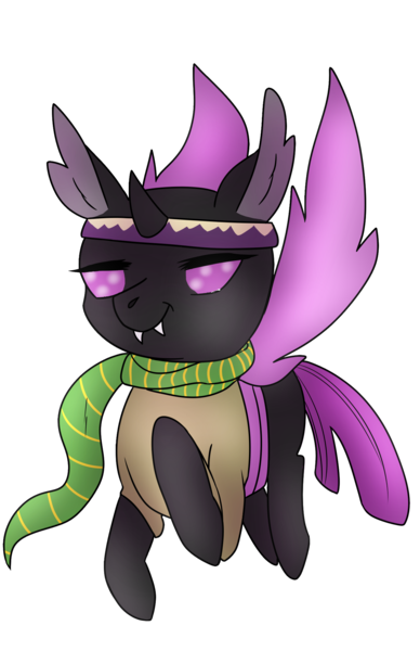 Size: 1319x2040 | Tagged: artist:chimera-tea, changeling, clothes, derpibooru import, female, headband, horn, jojo's bizarre adventure, joseph joestar, mare, oc, oc:azira gardner, purple changeling, safe, scarf, simple background, solo, transparent background, unofficial characters only, wings