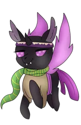Size: 1319x2040 | Tagged: artist:chimera-tea, changeling, clothes, derpibooru import, female, headband, horn, jojo's bizarre adventure, joseph joestar, mare, oc, oc:azira gardner, purple changeling, safe, scarf, simple background, solo, transparent background, unofficial characters only, wings