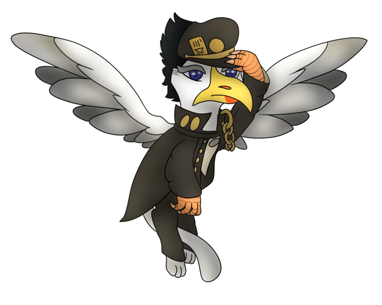 Size: 2459x1961 | Tagged: safe, artist:chimera-tea, derpibooru import, oc, oc:wagner schönau, unofficial characters only, gryphon, beak, chains, clothes, hat, jojo's bizarre adventure, male, solo, tail, talons, wings