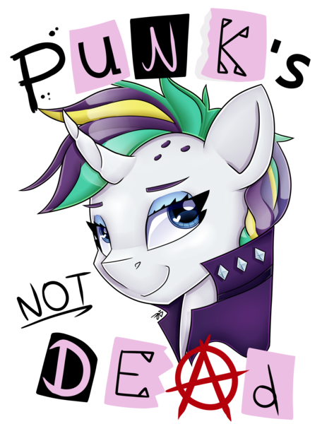 Size: 3797x5000 | Tagged: safe, alternate version, artist:partylikeanartist, derpibooru import, rarity, unicorn, it isn't the mane thing about you, absurd resolution, alternate costumes, alternate hairstyle, anarchy, bust, clothes, design, diamonds, eyeshadow, jacket, looking away, looking up, makeup, portrait, punk, punk's not dead, raripunk, shirt design, short hair, simple background, smiling, smirk, solo, studs, text, transparent background