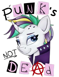 Size: 3797x5000 | Tagged: safe, alternate version, artist:partylikeanartist, derpibooru import, rarity, unicorn, it isn't the mane thing about you, absurd resolution, alternate costumes, alternate hairstyle, anarchy, bust, clothes, design, diamonds, eyeshadow, jacket, looking away, looking up, makeup, portrait, punk, punk's not dead, raripunk, shirt design, short hair, simple background, smiling, smirk, solo, studs, text, transparent background