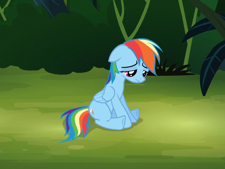 Size: 720x540 | Tagged: cropped, daring don't, derpibooru import, floppy ears, frown, guilty, rainbow dash, sad, safe, screencap, sitting, solo