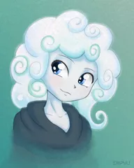 Size: 800x1000 | Tagged: safe, artist:empyu, derpibooru import, rarity, equestria girls, it isn't the mane thing about you, alternate hairstyle, clothes, cloud mane, simple background, smiling, solo