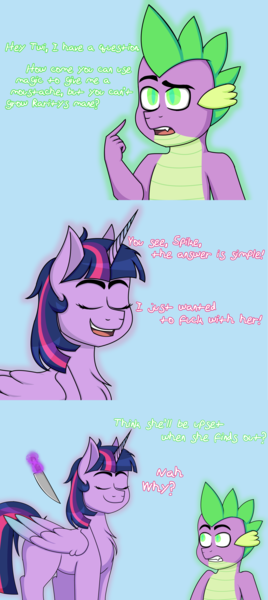 Size: 4091x9162 | Tagged: absurd resolution, alicorn, artist:cornerverse, comic, derpibooru import, dialogue, dragon, imminent death, imminent murder, implied rarity, it isn't the mane thing about you, knife, safe, spike, text, this will end in death, this will end in tears, this will end in tears and/or death, twilight sparkle, twilight sparkle (alicorn), vulgar