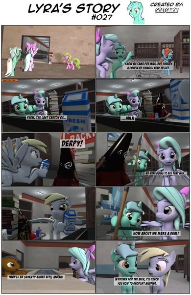 Size: 3928x6040 | Tagged: 3d, artist:goatcanon, axe, cereal, comic, comic:lyra's story, copper top, corn flakes, daisy, derpibooru import, derpy hooves, flitter, flower wishes, food, garden gnome, grocery store, lyra heartstrings, market, milk, police officer, police pony, rainbow dash, safe, shopping, shopping cart, weapon, wiimote