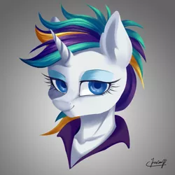 Size: 4000x4000 | Tagged: safe, artist:foxcarp, derpibooru import, rarity, pony, unicorn, it isn't the mane thing about you, absurd resolution, alternate hairstyle, eyeshadow, female, gradient background, looking at you, makeup, mare, punk, raripunk, short hair, signature, smiling, solo