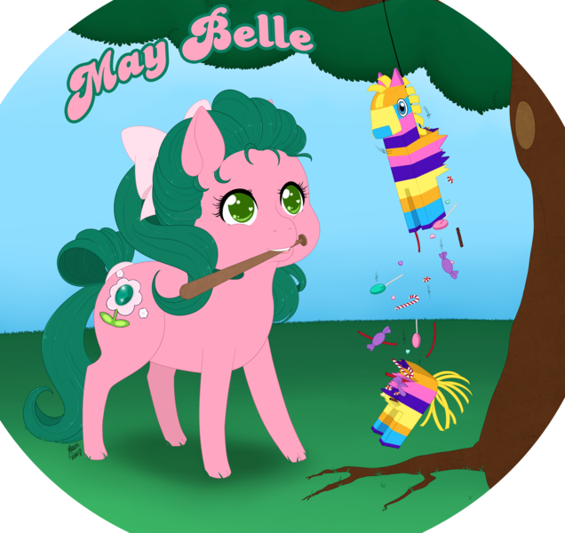 Size: 2533x2390 | Tagged: artist:reachfarhigh, baseball bat, bow, cute, derpibooru import, g3, g3betes, may belle, piñata, safe, solo, tree