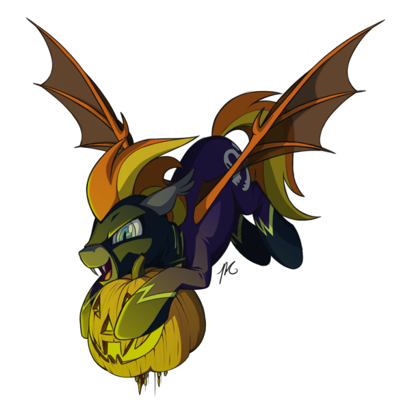Size: 2008x2000 | Tagged: safe, artist:hexfloog, derpibooru import, oc, oc:blaze (shadowbolt), unofficial characters only, bat pony, clothes, commission, costume, fangs, halloween, holiday, jack-o-lantern, male, pumpkin, shadowbolts, shadowbolts costume, simple background, solo, spread wings, stallion, transparent background, wings