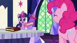 Size: 1280x720 | Tagged: safe, derpibooru import, screencap, pinkie pie, twilight sparkle, twilight sparkle (alicorn), alicorn, pony, not asking for trouble, happy, magic, scroll, twilight's castle