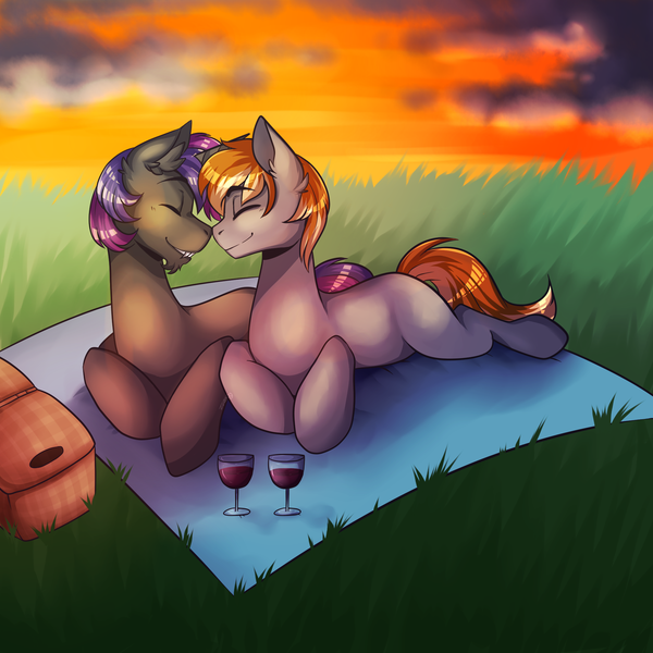 Size: 2000x2000 | Tagged: alcohol, artist:thelegendaryuniverse, basket, commission, cute, derpibooru import, gay, grass, male, nuzzling, oc, ocbetes, oc:gallant hymn, oc:night light (male), picnic, picnic basket, picnic blanket, prone, safe, sunset, unofficial characters only, wine, ych result