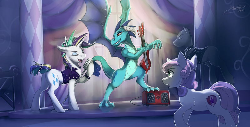 Size: 1768x900 | Tagged: safe, artist:mechagen, derpibooru import, princess ember, rarity, sweetie belle, dragon, pony, unicorn, it isn't the mane thing about you, alternate hairstyle, clothes, dragon lord ember, dragoness, electric guitar, female, filly, guitar, image, jpeg, mare, microphone, musical instrument, punk, raripunk, singing, smiling, that dragon sure does love guitars, trio