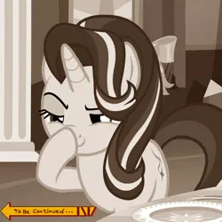 Size: 600x600 | Tagged: safe, derpibooru import, edit, edited screencap, screencap, starlight glimmer, pony, unicorn, no second prances, boop, cropped, cute, doodle, exploitable meme, glimmerposting, jojo's bizarre adventure, looking at you, meme, self-boop, sepia, solo, to be continued