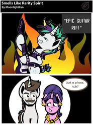 Size: 1882x2537 | Tagged: alternate hairstyle, artist:moonlightfan, comic, cookie crumbles, cookieflanks, derpibooru import, electric guitar, female, guitar, hondo flanks, it isn't the mane thing about you, male, musical instrument, punk, raripunk, rarity, safe, shipping, straight