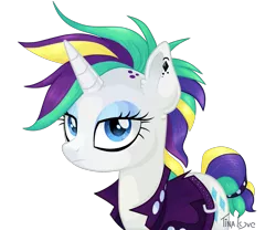 Size: 1771x1476 | Tagged: safe, artist:tina-de-love, derpibooru import, rarity, pony, unicorn, it isn't the mane thing about you, alternate hairstyle, belt, clothes, ear fluff, ear piercing, female, jacket, leather jacket, lidded eyes, mare, piercing, punk, raripunk, simple background, solo, transparent background, vector