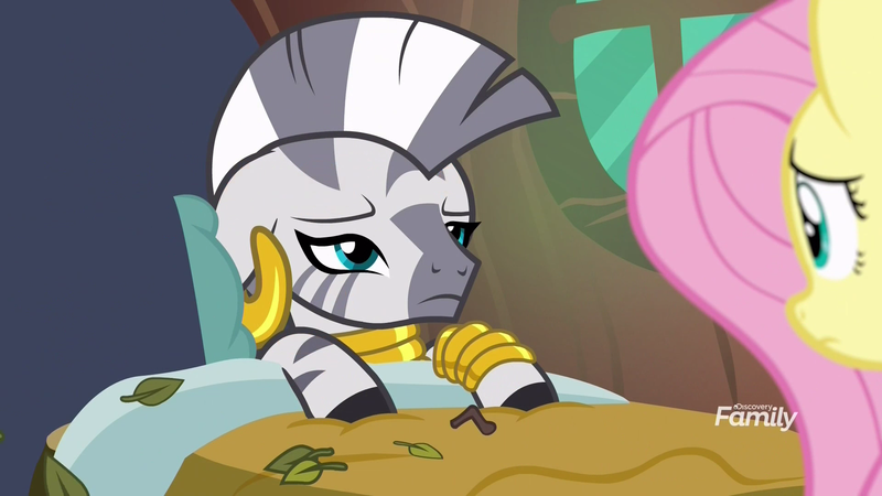 Size: 1920x1080 | Tagged: safe, derpibooru import, screencap, fluttershy, zecora, pegasus, pony, zebra, a health of information, bed, discovery family logo, leaves, sick, zecora's hut