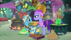 Size: 1920x1080 | Tagged: safe, derpibooru import, screencap, meadowbrook, meadowbrook's mother, earth pony, pony, a health of information, cauldron, clothes, duo, female, healer's mask, mare, mask, meadowbrook's home, medicine, mother and child, mother and daughter