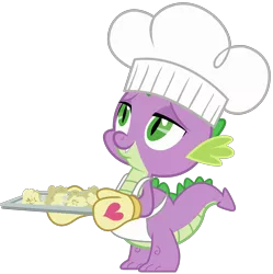 Size: 2251x2263 | Tagged: safe, artist:sonofaskywalker, derpibooru import, spike, dragon, a health of information, apron, cauliflower bite, chef, chef's hat, clothes, cute, food, hat, male, mittens, naked apron, oven mitts, simple background, smiling, solo, spikabetes, tail, transparent background, tray, vector