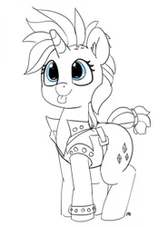 Size: 1280x1729 | Tagged: safe, artist:pabbley, derpibooru import, rarity, pony, unicorn, it isn't the mane thing about you, alternate hairstyle, clothes, cute, female, mare, partial color, punk, raribetes, raripunk, short hair, simple background, sketch, smiling, solo, tongue out