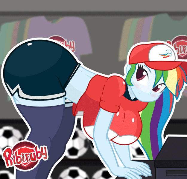 Size: 840x806 | Tagged: questionable, alternate version, artist:ribiruby, derpibooru import, rainbow dash, epic fails (equestria girls), eqg summertime shorts, equestria girls, animated, ass, big breasts, blushing, breasts, busty rainbow dash, butt, cap, clop, clothes, face down ass up, female, football, gif, hat, huge breasts, leggings, looking at you, midriff, rainbutt dash, solo, solo female, sports, stupid sexy rainbow dash, the ass was fat, twerking