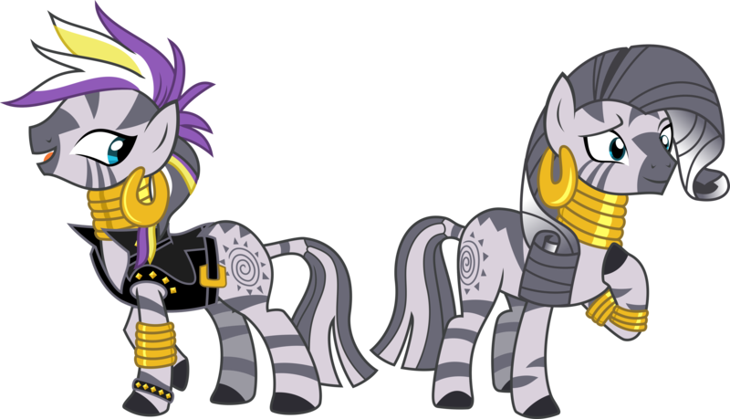 Size: 4688x2689 | Tagged: alternate hairstyle, artist:sketchmcreations, bracelet, clothes, derpibooru import, ear piercing, earring, female, it isn't the mane thing about you, jacket, jewelry, leather jacket, lesbian, mane swap, mohawk, neck rings, piercing, punk, quadrupedal, raised hoof, raricora, raripunk, rarity, rarity's hair, safe, shipping, simple background, smiling, transparent background, vector, zebra, zecora, zecorapunk