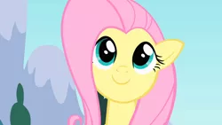 Size: 1280x720 | Tagged: safe, derpibooru import, screencap, fluttershy, pegasus, pony, sonic rainboom (episode), cute, female, looking up, mare, mountain, outdoors, shyabetes, sky, smiling, solo