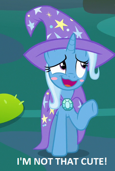 Size: 400x596 | Tagged: safe, derpibooru import, edit, edited screencap, screencap, trixie, pony, unicorn, to change a changeling, blatant lies, blush sticker, blushing, cape, clothes, cute, diatrixes, hat, i'm not cute, raised hoof, smiling, solo, trixie's cape, trixie's hat