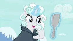 Size: 640x360 | Tagged: safe, derpibooru import, screencap, rarity, unicorn, it isn't the mane thing about you, clothes, cloud, cloud mane, cropped, female, happy, magic, mane, mare, mirror, robe, toupee
