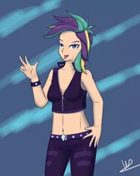 Size: 2610x3278 | Tagged: safe, artist:wolfy-pony, derpibooru import, rarity, human, it isn't the mane thing about you, alternate hairstyle, belly button, clothes, female, humanized, midriff, open mouth, pants, punk, raripunk, signature, tongue out