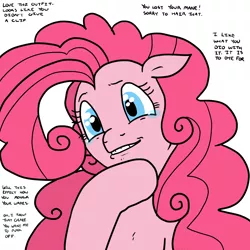 Size: 1800x1800 | Tagged: safe, artist:pony quarantine, derpibooru import, pinkie pie, earth pony, pony, it isn't the mane thing about you, beautiful, big hair, female, implied rarity, laughing, mare, poofy pie, pun, simple background, stifling laughter, teary eyes, teasing, white background, you know you love them