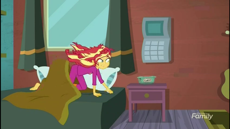 Size: 1024x576 | Tagged: safe, derpibooru import, screencap, sunset shimmer, eqg summertime shorts, equestria girls, monday blues, clothes, feet, pajamas, solo, sunset's apartment