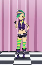 Size: 650x1000 | Tagged: :3, alternate hairstyle, artist:kathara_khan, beauty mark, belly button, belt, boots, breasts, cleavage, clothes, derpibooru import, ear piercing, eyebrow piercing, eyeshadow, female, fingerless gloves, gloves, human, humanized, it isn't the mane thing about you, kisekae, leather vest, makeup, midriff, multicolored hair, piercing, punk, raripunk, rarity, safe, shoes, socks, solo, striped socks, studded belt, studded bracelet, vest