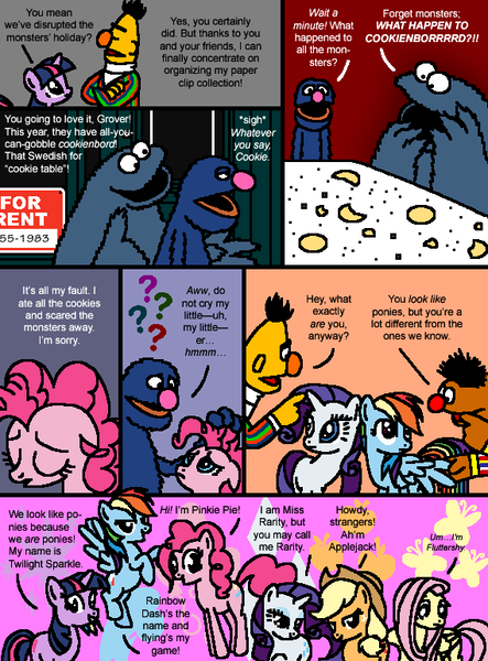 Size: 569x771 | Tagged: applejack, artist:hirake! pony key, bert, cobblestone street, comic, cookie monster, crossover, derpibooru import, ernie, fluttershy, grover, my little pony meets sesame street, pinkie pie, rainbow dash, rarity, safe, sesame street, twilight sparkle