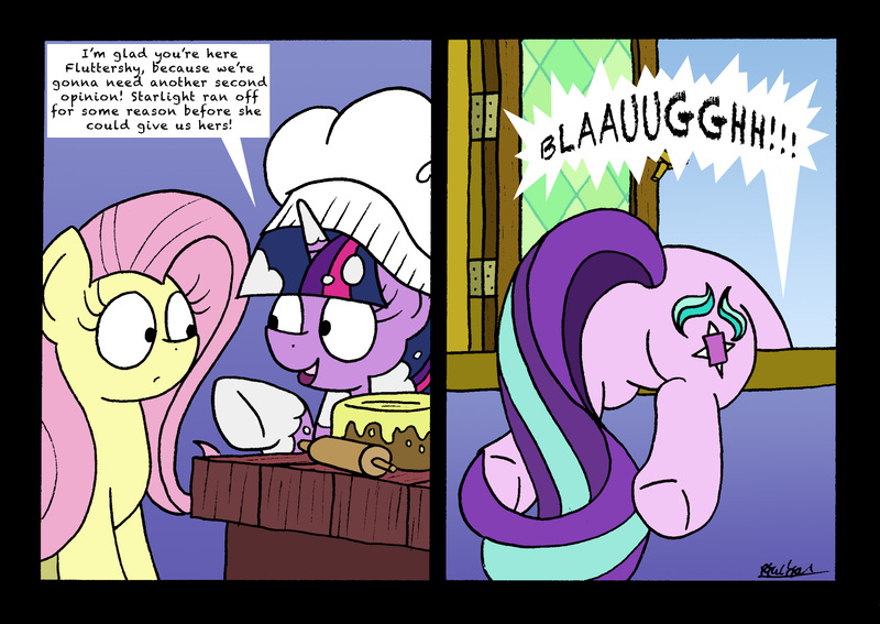 Size: 2460x1742 | Tagged: safe, artist:bobthedalek, derpibooru import, fluttershy, starlight glimmer, twilight sparkle, pony, a health of information, baking, butt, chef's hat, comic, hat, plot, vomit, vomiting