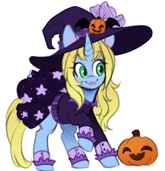 Size: 812x838 | Tagged: safe, artist:lolopan, artist:mynder, derpibooru import, oc, oc:art's desire, unofficial characters only, pony, unicorn, clothes, costume, cute, female, green eyes, halloween, hat, holiday, jack-o-lantern, mare, pumpkin, raspberry, sideways glance, simple background, solo, tongue out, white background, witch, witch hat