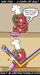 Size: 600x1134 | Tagged: ask, ask pun, chef's hat, comic, derpibooru import, female, hat, oc, oc:pun, rainbow, rainbow dash, safe, tumblr