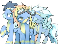 Size: 2445x1844 | Tagged: safe, artist:ccc, derpibooru import, fleetfoot, soarin', spitfire, pegasus, pony, clothes, female, goggles, male, mare, pixiv, simple background, stallion, uniform, white background, wonderbolts, wonderbolts uniform