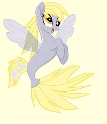 Size: 1760x2048 | Tagged: safe, artist:jksparklez4ever, derpibooru import, derpy hooves, pegasus, pony, seapony (g4), my little pony: the movie, base used, clothes, dorsal fin, female, fin wings, fins, fish tail, flowing tail, image, mare, open mouth, png, seaponified, seapony derpy, see-through, simple background, smiling, solo, species swap, tail, wings, yellow background, yellow eyes, yellow mane