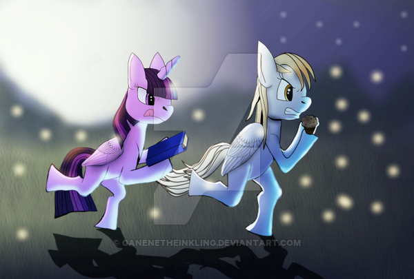 Size: 600x405 | Tagged: alicorn, artist:ganenetheinkling, book, derpibooru import, derpy hooves, food, muffin, running, safe, twilight sparkle, twilight sparkle (alicorn), watermark